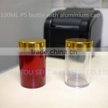 Pil100MLPill bottle , New Arrival acrylic bottle with aluminium cap for sale , PS bottle with golden colored cap