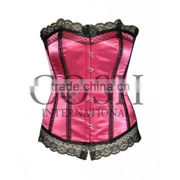 Overbust Pink Satin With Black Laces Steel Boned Waist Training Corset Ci-1145