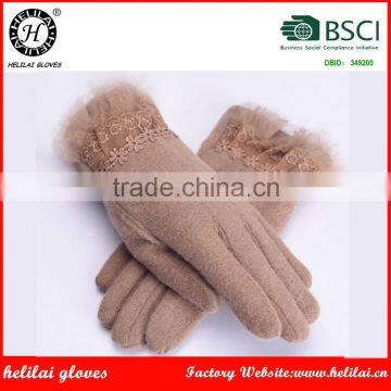 Helilai BSCI Factory Fur and Lace Cuffed Ladies Wool Gloves Polyester Lined Wool Gloves