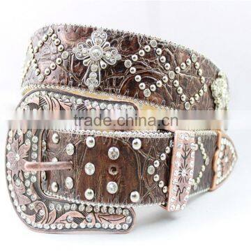 2016 New Design Western Rhinestone Leather Belt With Crystals Circle Chains and Studs Embedded