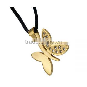 Latest new model gold plated zircon 316 stainless steel gemstone filigree butterfly pendant yellow gold butterfly pendant LP5014