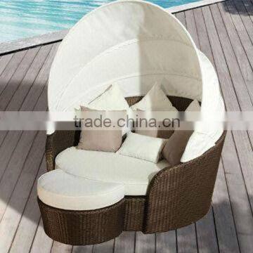 POLY RATTAN ROUND SUN BED WITH CANOPY AND STOOL