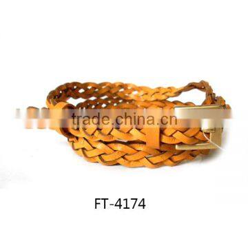 Tan thin braided pin buckle pu belt for woman