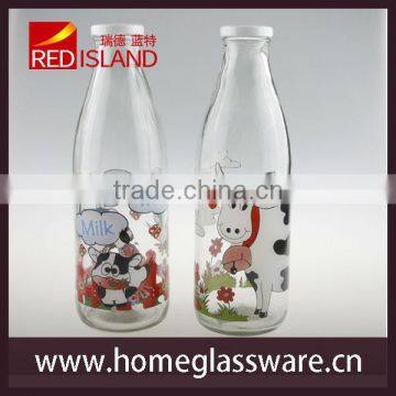 1L 4-color printing milk glass bottle with metal lid