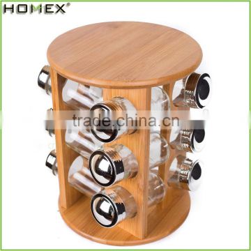 Rotating Bamboo Spice Set with Glass Jar/Natural Spice Rack/Homex_FSC/BSCI Factory