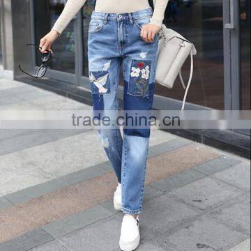 2017 Summer Latest Mid Waist Straight Leg Loose Denim Jeans Embroidery Patches Casual Denim Pant for Women photo-2