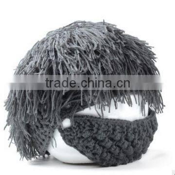 Men Barbarian Knit Crochet Hat Mad Scientist Wig Mustache Cap Beard Hat