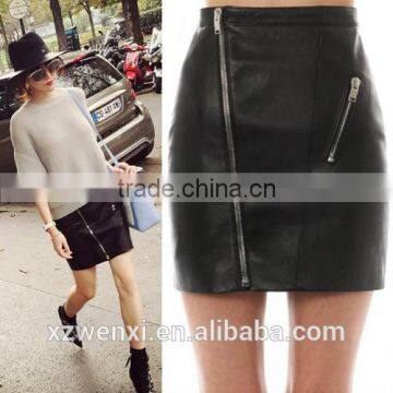 2016 new latest skirt design black pu leather zipper mini short lady skirt