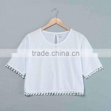 Pompon Crop Top T-shirt Sublimation Blank. no Minimum Qauntity Real Factory . Sublimation Blank