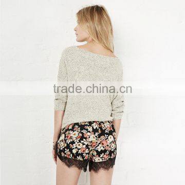 HAODUOYI Women Black Rose Print Lace Contrast Shorts photo-3