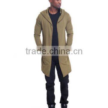 Open front Long sleeve men's elongated hoody coat attached hood made in China factory