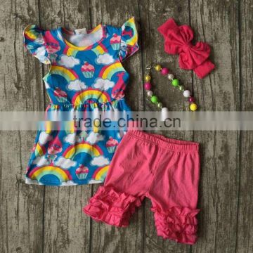 baby Girls Summer clothes girls children troll hair outfits kids rainbow dress top with hot pink shorts outfits with accessories