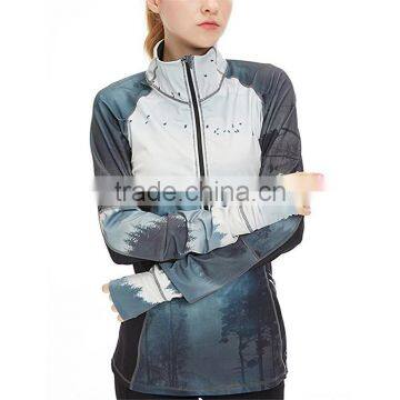 Modern style thumb hole sleeve sublimation printed lady half zipper jacket