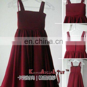 EB1082F Simple burgundy with shoulder straps flower girl dress