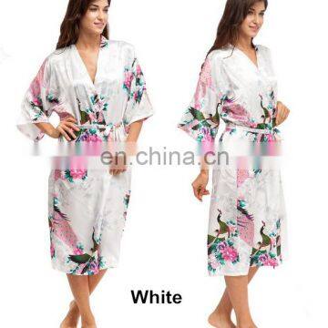 Women's Peacock Print Half Sleeve Silk Kimono Bridesmaid Long Robe Nightgown photo-4