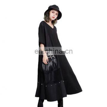 TWOTWINSTYLE  Black Summer Dress For Women Patchwork Perspective Mesh Tassel Pocket Loose Women's Dresses