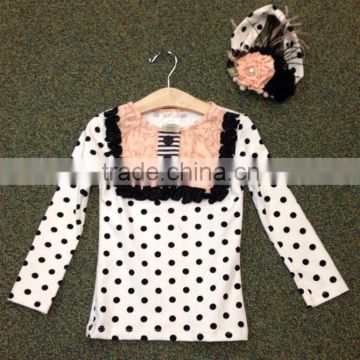 Popular item soft cotton black dot longsleeve children ruffle top with headband