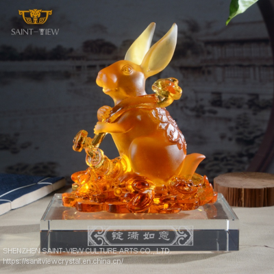 Chinese Horoscope Zodiac Fengshui Lucky Home Office Decor Gift Glass Crystal Rabbit