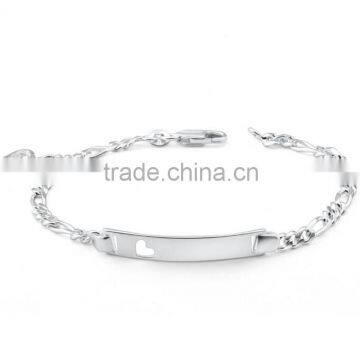 High Polished Stainelss Steel Figaro ID Bracelet With Cubic Zirconia Heart Charm