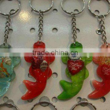 Promotional Sea life amber keychain,fish sharp amber keychain, inset amber rosin keychain