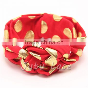 Cotton fabric golden polka-dots bow headbands - foil gold wide elastic knitted headwraps