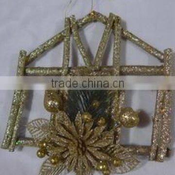 wooden house shape ornament with decorations