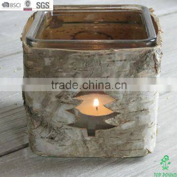 natural material wooden birch bark glass candle holder