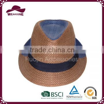 Low price navy & brown fabric fedora hat on China market