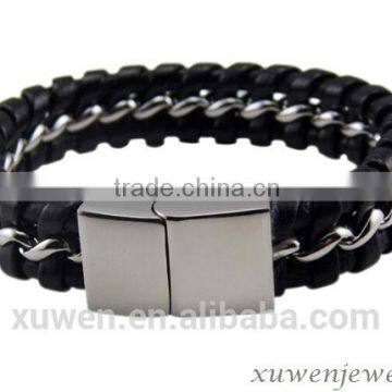 wide braided bracelet men leather with stainless steel magnetic clasp