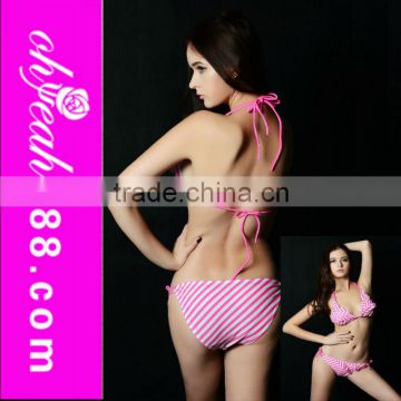 Professional printed pink stripe halter swimwear hot sale beachwear swimwear bikini brazil