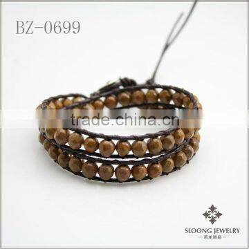 Braided Winter Faceted Stone Beads Two Wrap Leather Bracelet