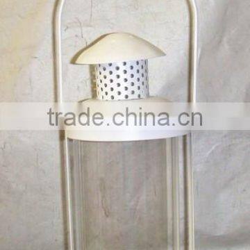 White metal lantern with clear glass cylinder