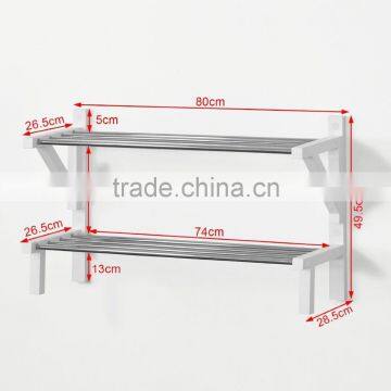 Wood Wall Mounted Shoe Rack, Bathroom Towel Shelf, Wall Display Shelf Unit With Two Stainless Steel Racks, White photo-2