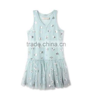 Printed Metallic Flowers Girl Tulle Party Dress Kids Frocks Neck Designs Childern Frock Model HSd5178 photo-2