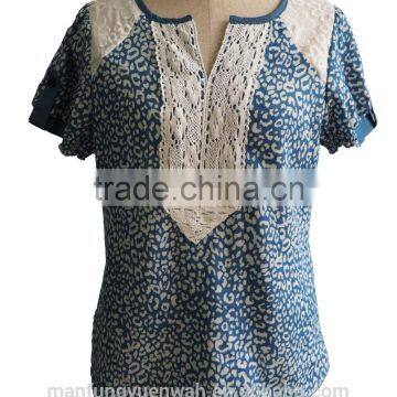 Chambray Denim short sleeve with Floral Lace Ham Top Blouse