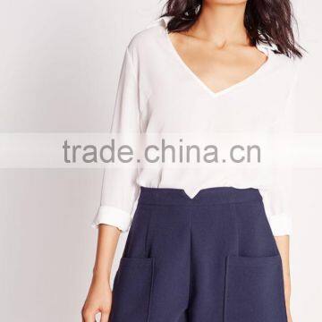 New Style Women Fancy Navy High Waist Pocket Tailored Shorts photo-2