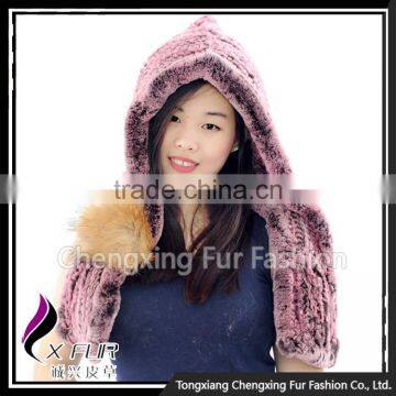 CX-C-242B Women Fashion Fur Hooded Scarf Winter Fur Hats And Scarves