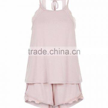 Custom Made Lace Trim Cami Women Pyjamas Round Neck Shell Pink Tie Back Lace Pyjamas Set Elasticated Shorts photo-4