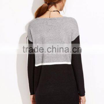Color Block Drop Shoulder Pockets Sweater Dress Long Sleeve Boat Neck Casual Cotton Blend Sweater photo-5