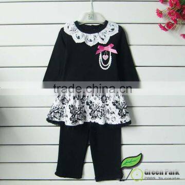 cute black white flower dress+leggings clothing sets baby outfits girls suits lace collar dress suits kids clothes