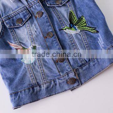 S60591B 2017 Girls Vest Turn Collar Children Clothes Bird Embroidery Waistcoats Sleeveless Kids Jeans Jackets photo-5