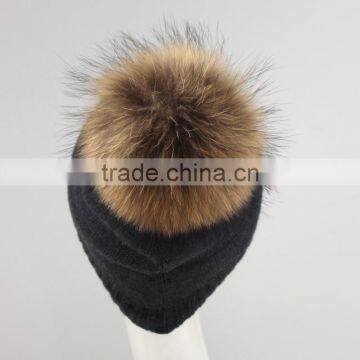 Myfur Newest Fashion Winter Crochet Hats Unisex Wholesale Genuine Raccoon Fur Pompom Beanie Wool Hats