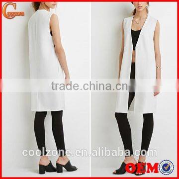 Collarless V-neck Longline Women Vest Woven Vests With Pockets photo-1