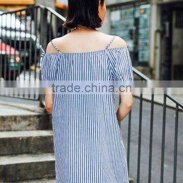 Dresses 2017 Summer Blue Stripe One off Shoulder Dress Lazy and Comfortable Fashion Summer Street Style Daily Dress photo-2