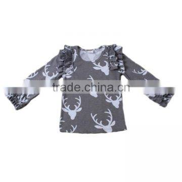 2016 hot sale newborn baby clothes grey deer print comfort t-shirts baby girl ruffle t-shirts