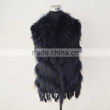 SJ373-01 Dark Blue Oblique Knitted 2016 OEM Fur Coats Rabbit Raccoon Fur Vest