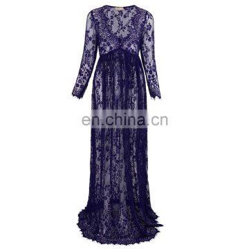 Kate Kasin Maternity Sexy Deep V-Neck Long Sleeve See-Through Navy Blue Lace Maxi Long Maternity Dress KK001082-4