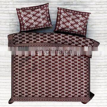 Indian Handmade Ikat Bed Cover Queen Size Screen Print Pure Cotton Fabric Brown Bedding Set Bedspread