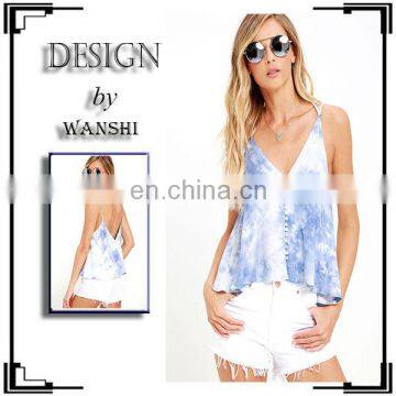 Latest Sexy V-neck Fashion Design Tank Top Artful Expression Blue Tie-Dye Crop Top