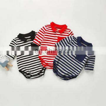 ins Korean version of the 2020 autumn boy baby romper handsome striped pocket one-year-old romper